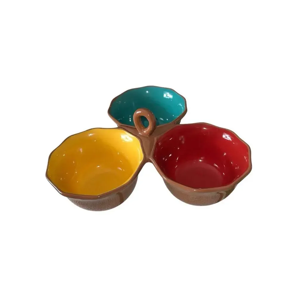 World‎ Market 3-Section Ceramic Condiment Trio Server Salsa Dip Bowl Scalloped